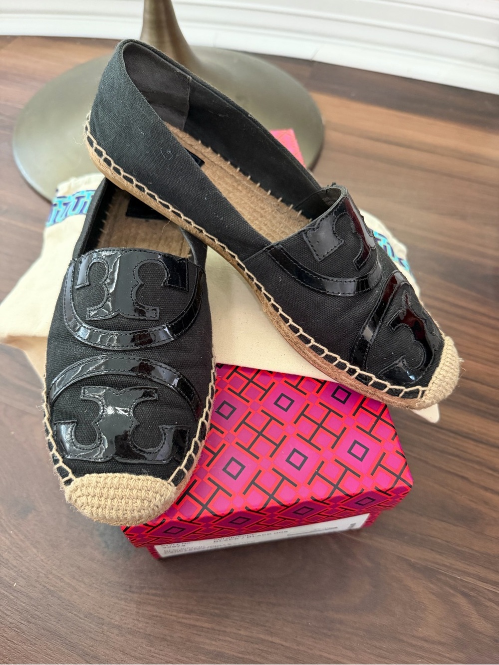 Tory Burch Black Espadrille Slip-On Flats with Patent Logo